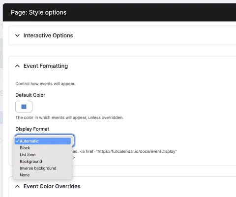 A screen capture of the settings form, showing the ability to set a default color and display format